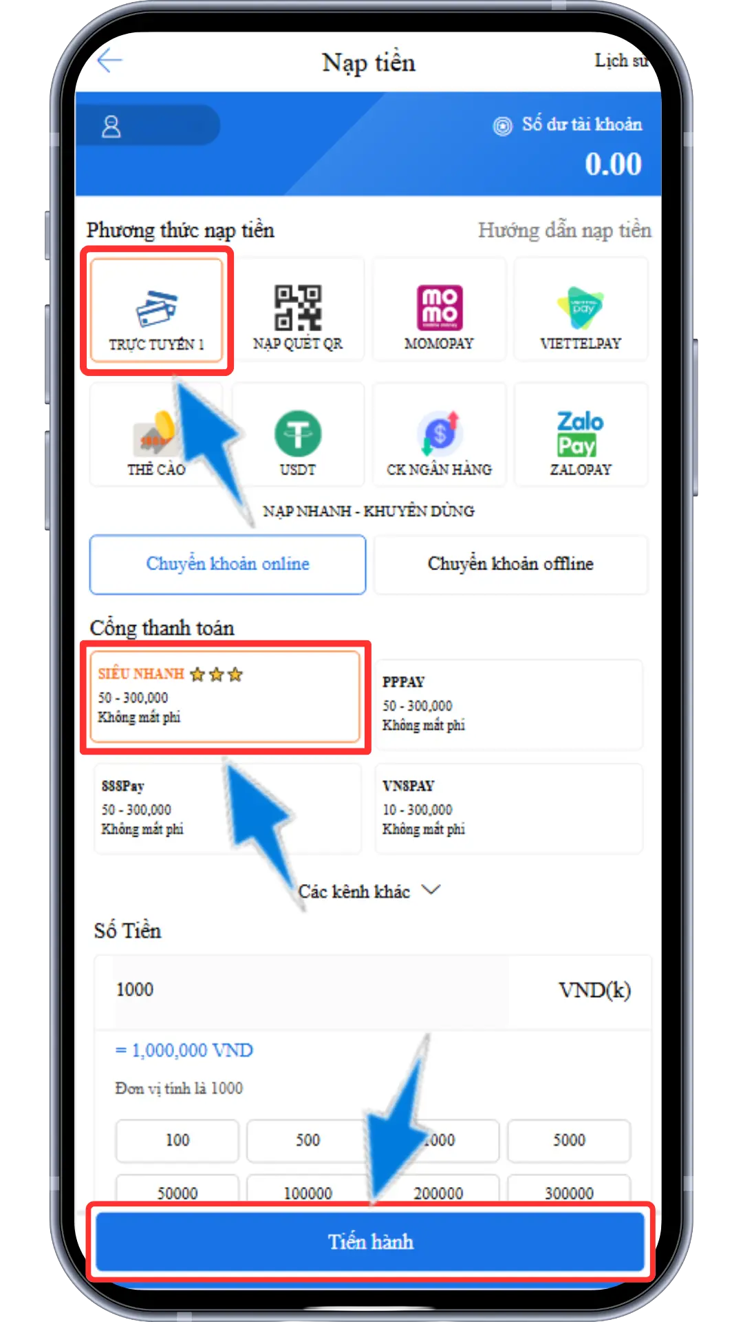 Bước 2 : Chọn Trực tuyến 1 - Chọn Siêu Nhanh - OKVIP  => Nhập số tiền nạp 1 điểm = 1,000 VND >> Ấn Tiến hành